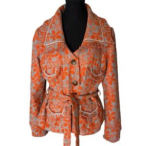 NICK & MO ANTHROPOLOGIE Orange Grey Floral Wool Jacket Blazer Ruffles Medium
